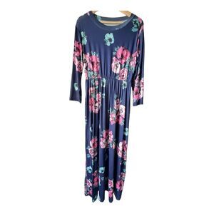 Women's dress floral print crewneck maxi purple summer long sleeve size XL.